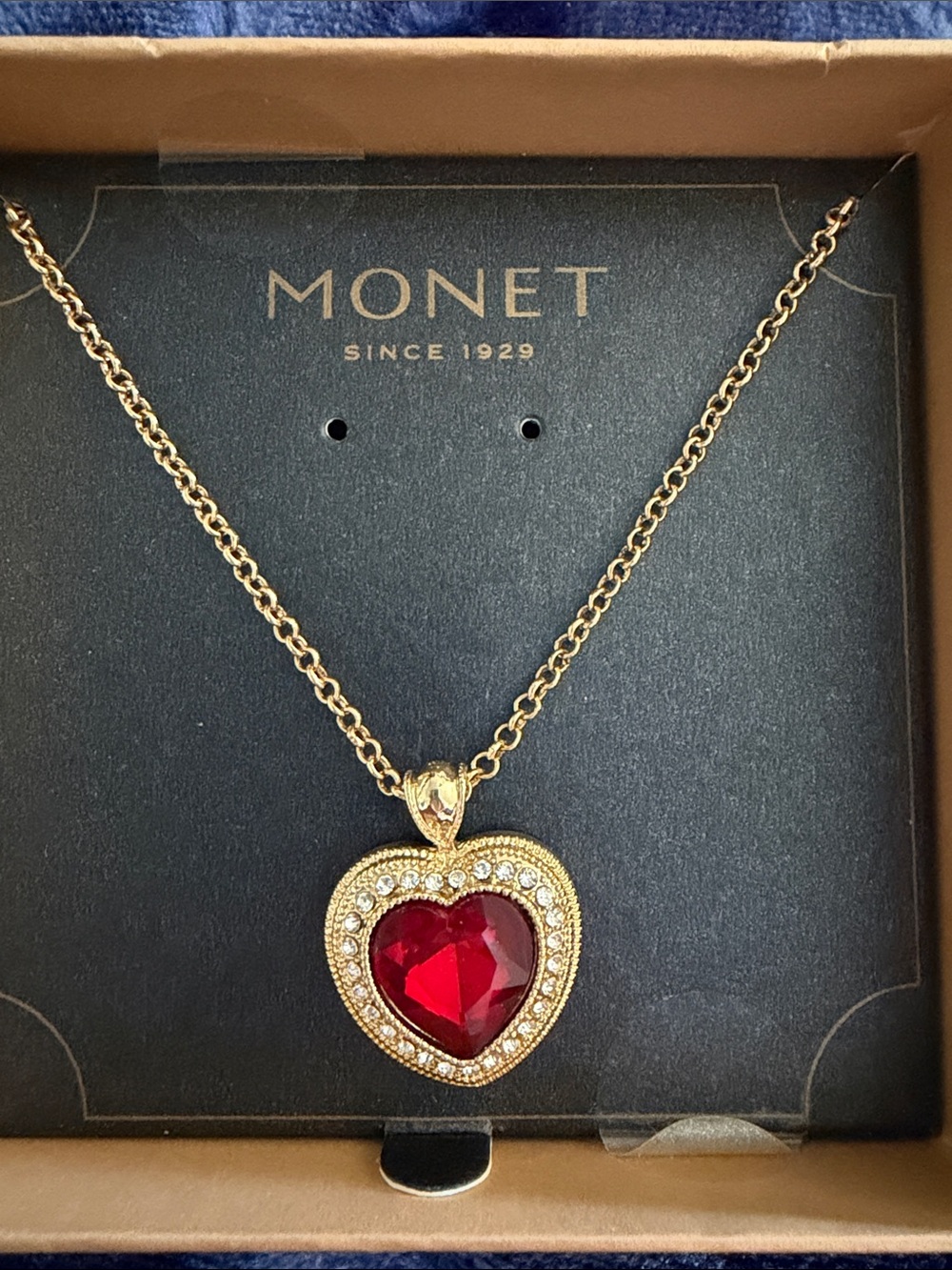 Monet Gold-Tone Heart Pendant Necklace with Red Crystal Center